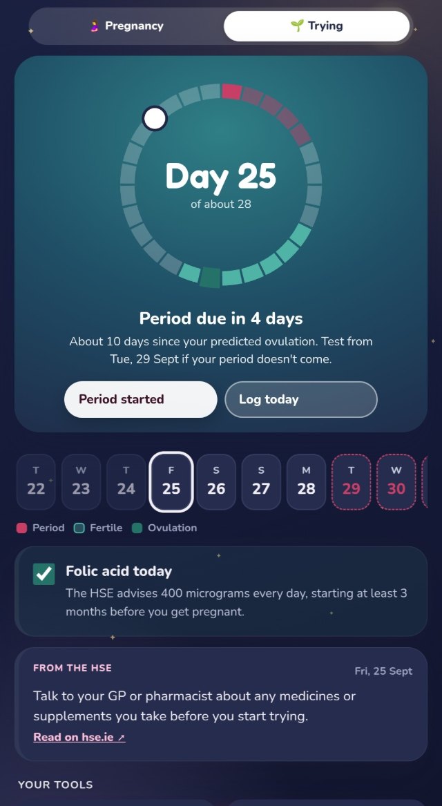 Lullagram trying for a baby screen with the cycle ring and when the next period is due